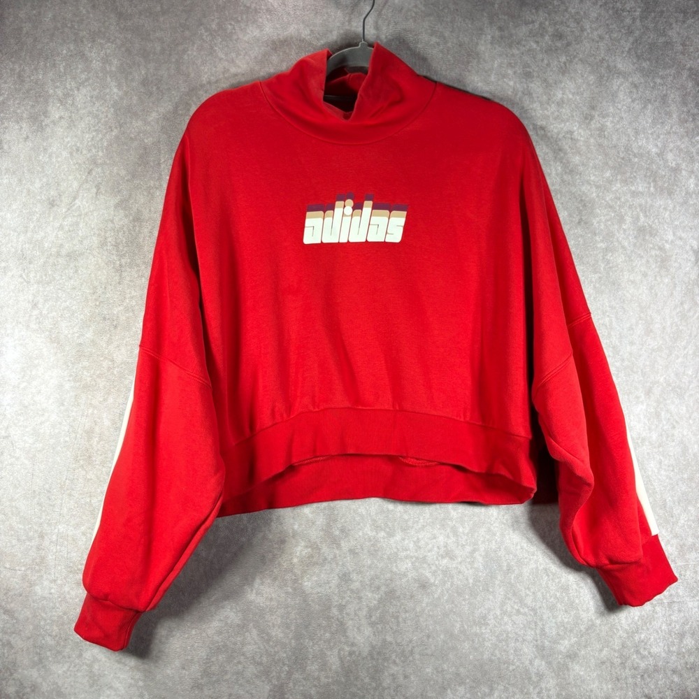 Adidas Ski Chic Sweatshirt Womens S Red Cropped Mock Neck Trefoil Stripe Sporty